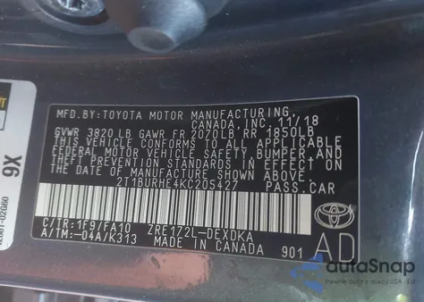 2019 Toyota Corolla L z USA, uszkodzony, nr VIN 2T1BURHE4KC205427